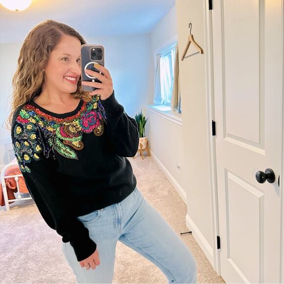 Vintage Lindsay Blake Black Sequin Sweater Medium - Picture 1 of 10